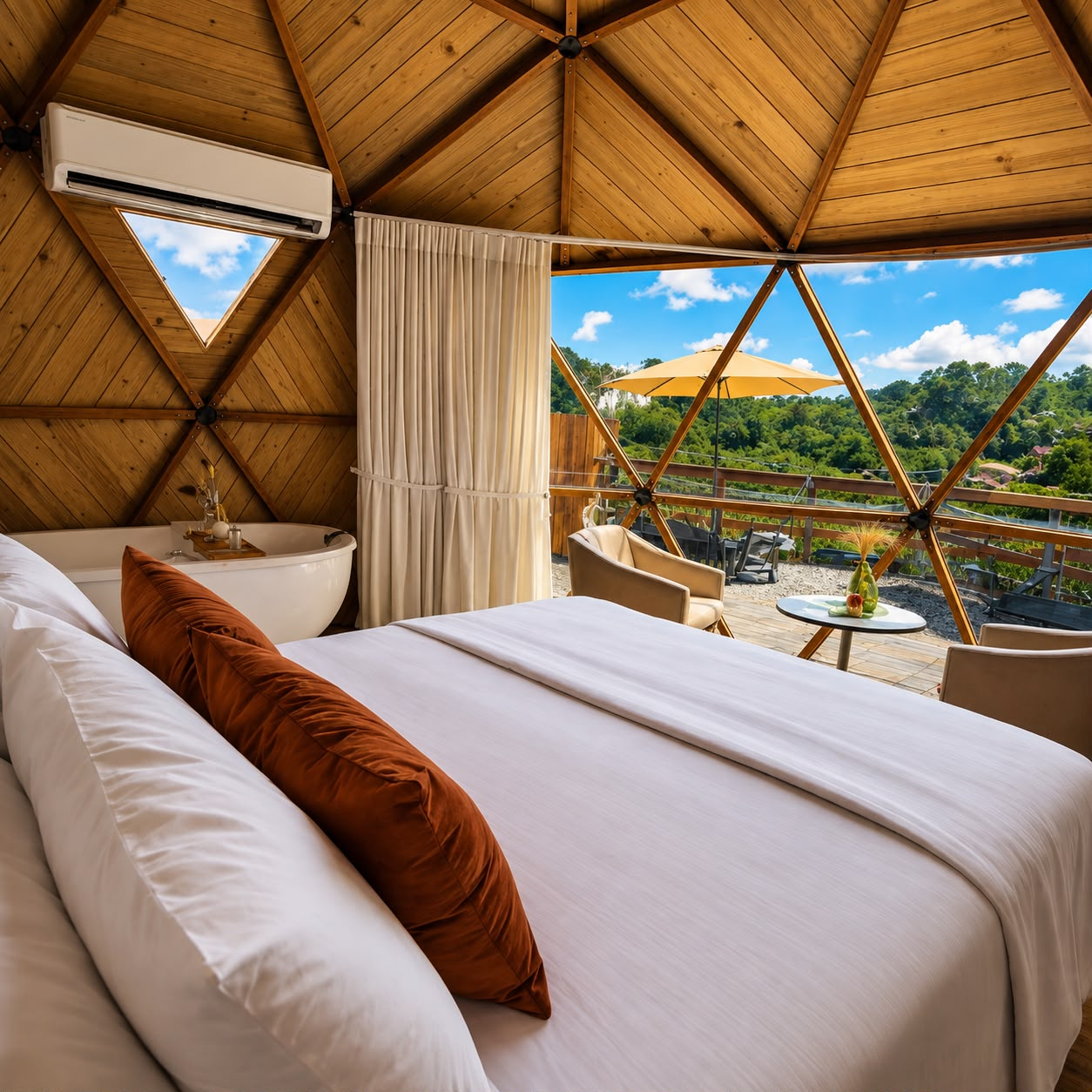 Interior do domo geodésico com cama queen e vista para o pôr do sol nas montanhas