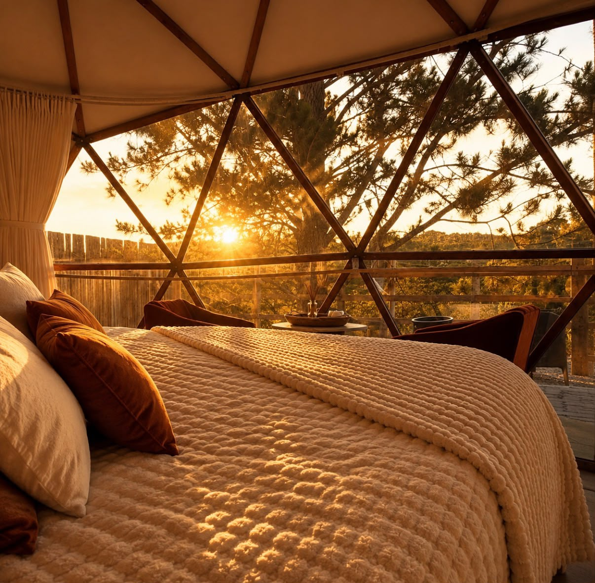 Vista da cama para a janela geodésica no pôr do sol