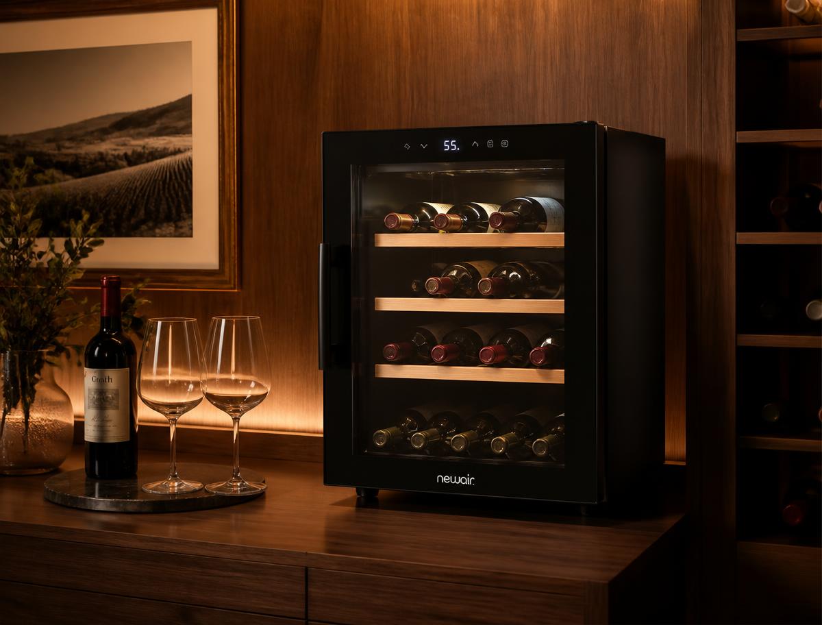 Adega climatizada do domo com garrafas de vinho e taças preparadas