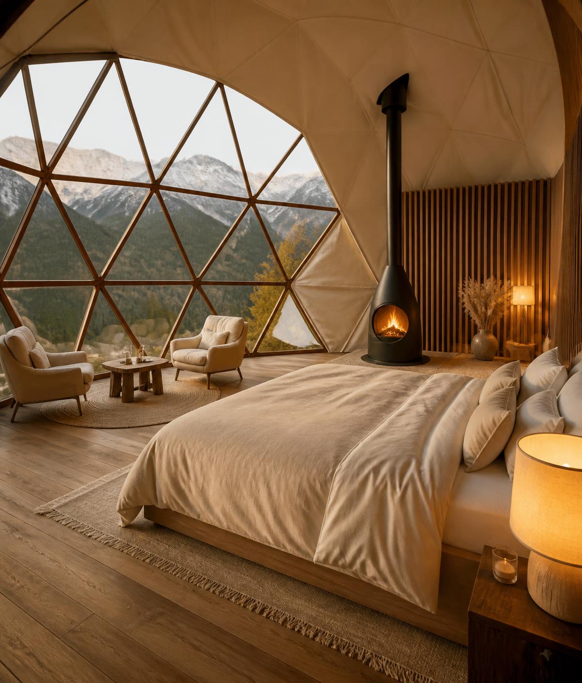 Interior do domo geodésico com cama queen, lareira e vista para as montanhas
